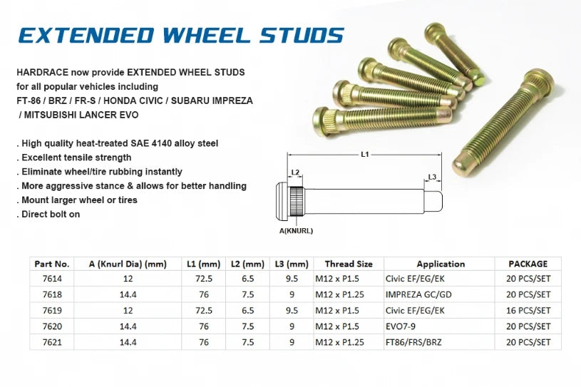 Hardrace EXTENDED WHEEL STUD SUBARU IMPREZA (0030241)