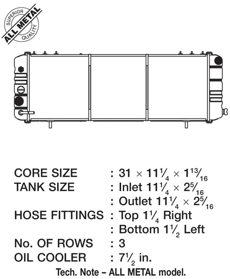 88-90 Cherokee (XJ) 4.0L w/o filler neck (3-Row Copper Core) Radiator