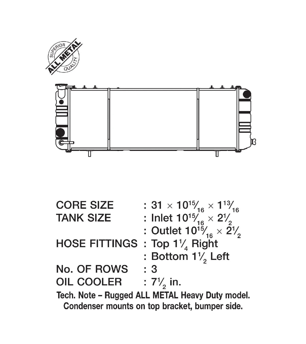 91-01 Cherokee (XJ) 2.5 & 4.0L LHD w/ filler neck (3-Row Copper Core) Radiator