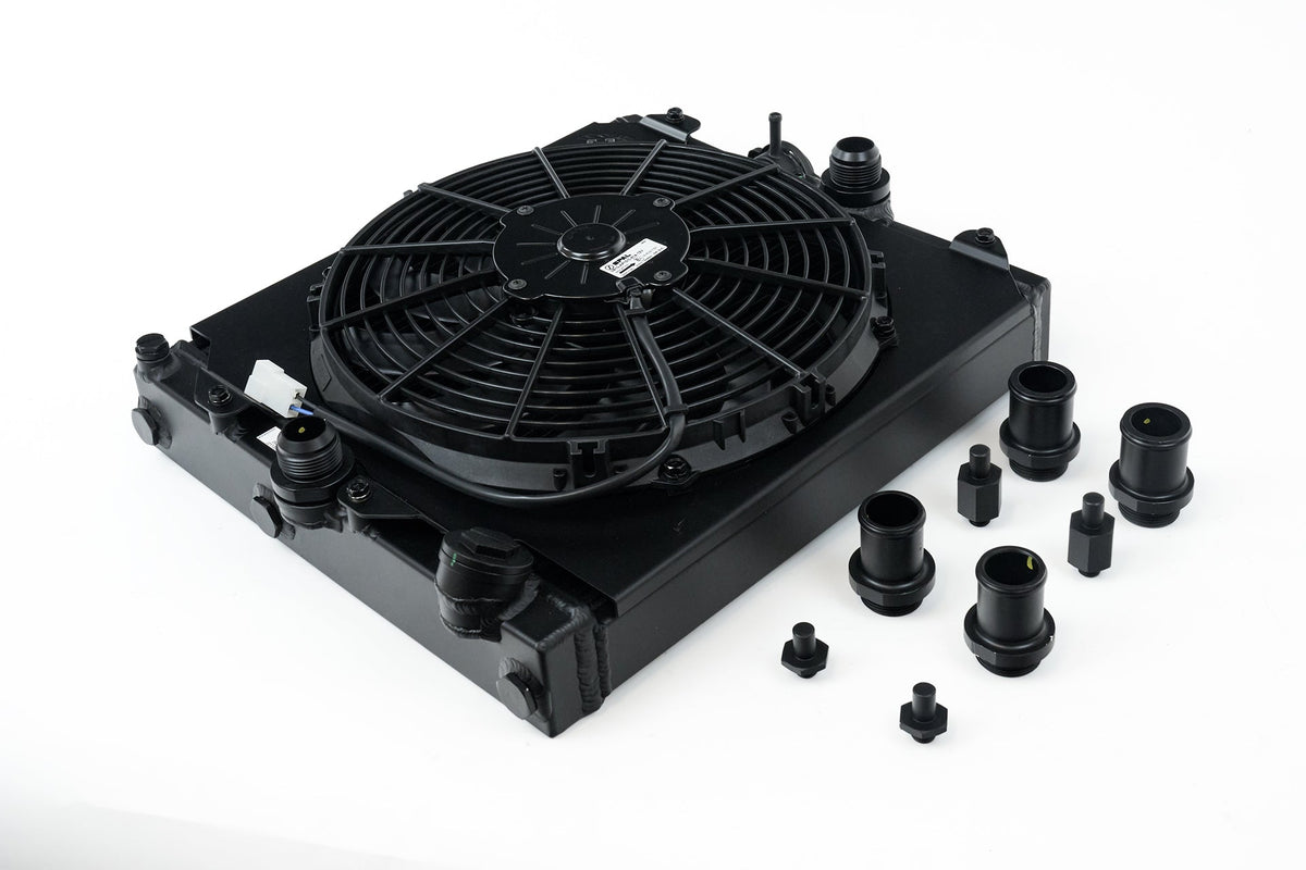 Universal Half Radiator - Evo 7/8/9 / 92-00 Civic - w/ SPAL Fan & Shroud - Black