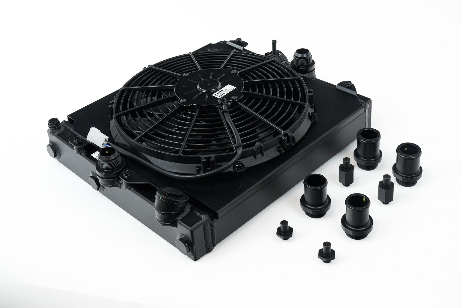 Universal Half Radiator - Evo 7/8/9 / 92-00 Civic - w/ SPAL Fan & Shroud - Black