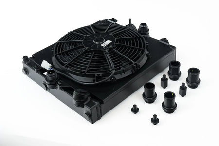 Universal Half Radiator - Evo 7/8/9 / 92-00 Civic - w/ SPAL Fan & Shroud - Black