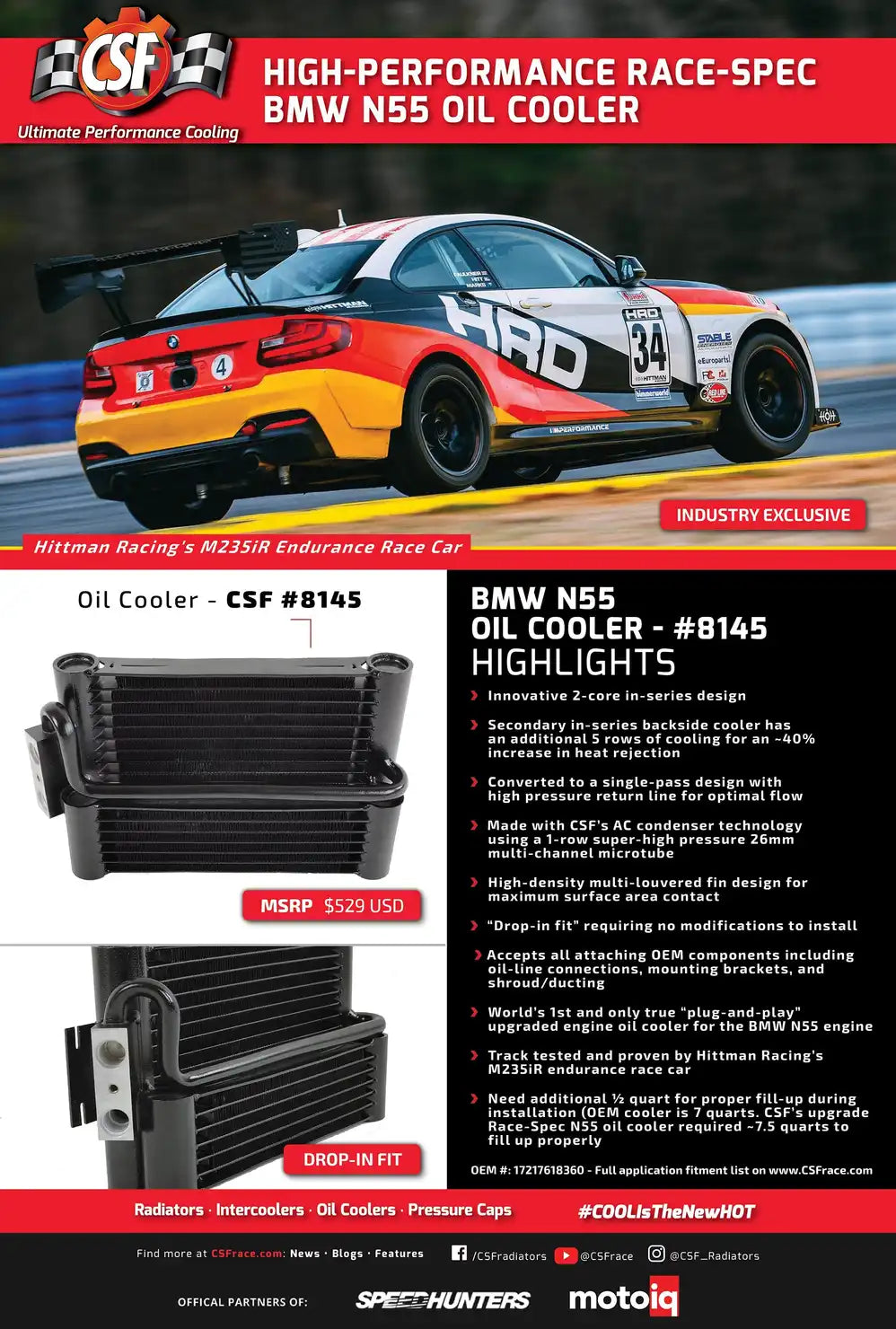 BMW F3X / F2X (N55) Race-Spec Oil Cooler