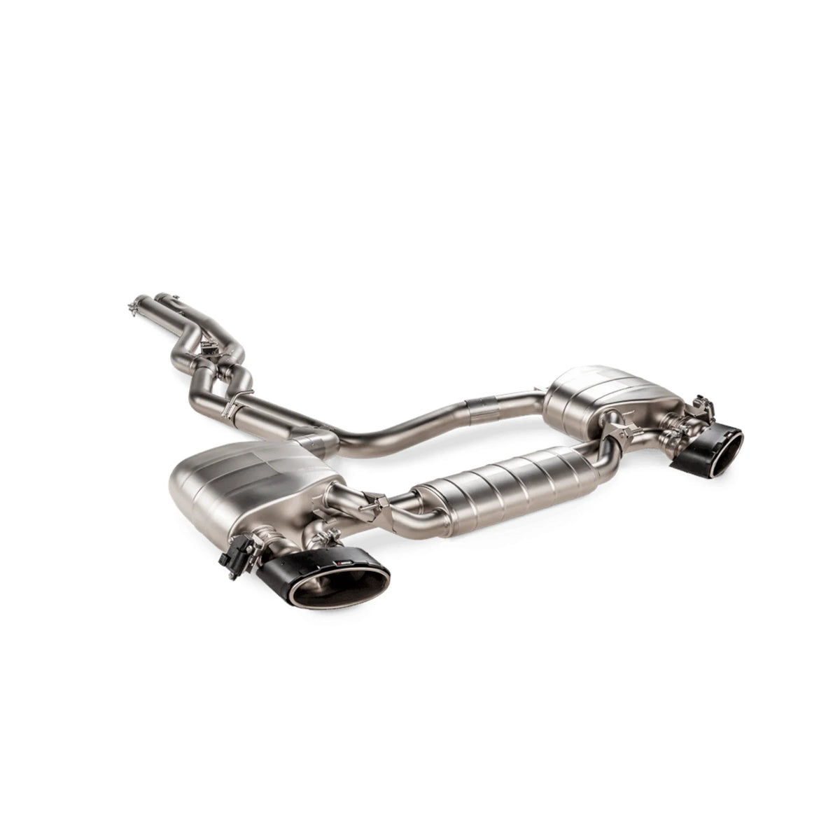 Akrapovič product shot showcasing the Evolution Line (Titanium) exhaust system, highlighting its high-grade titanium construction and precision engineering.