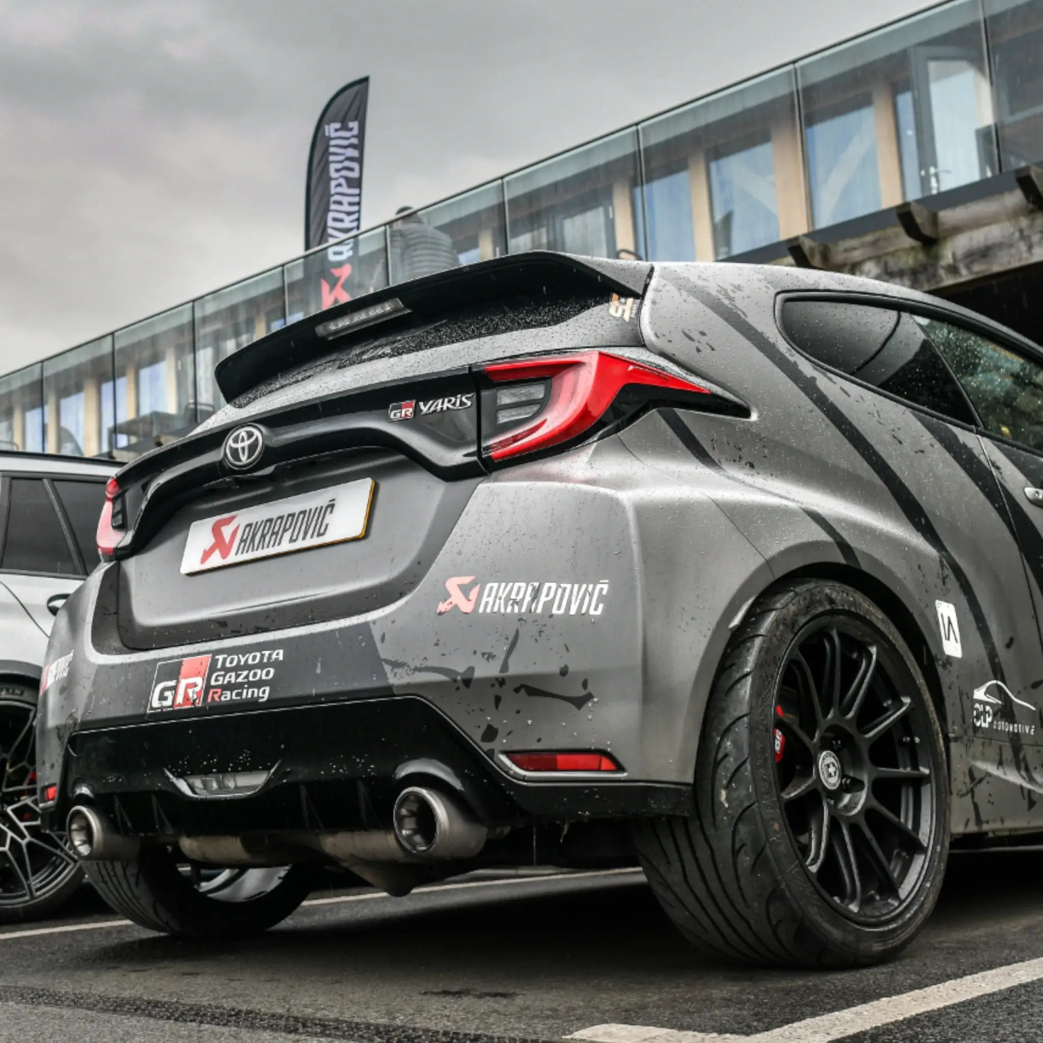 Toyota GR Yaris fitted with the Akrapovič Slip-On Race Line, photographed at PERON's exclusive Akrapovič dealer training day.