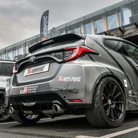Toyota GR Yaris fitted with the Akrapovič Slip-On Race Line, photographed at PERON's exclusive Akrapovič dealer training day.