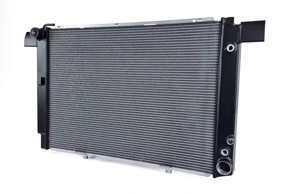 RENNTech by CSF 7240 radiator showing the inlet neck and transmission oil cooler fittings on the end tank