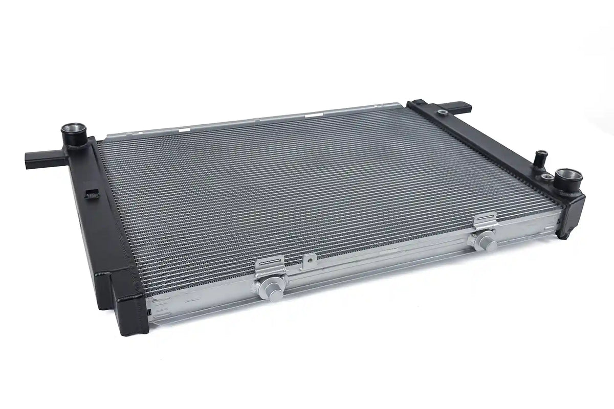 RENNTech by CSF 7240 radiator core and both satin black end tanks viewed from a low angle