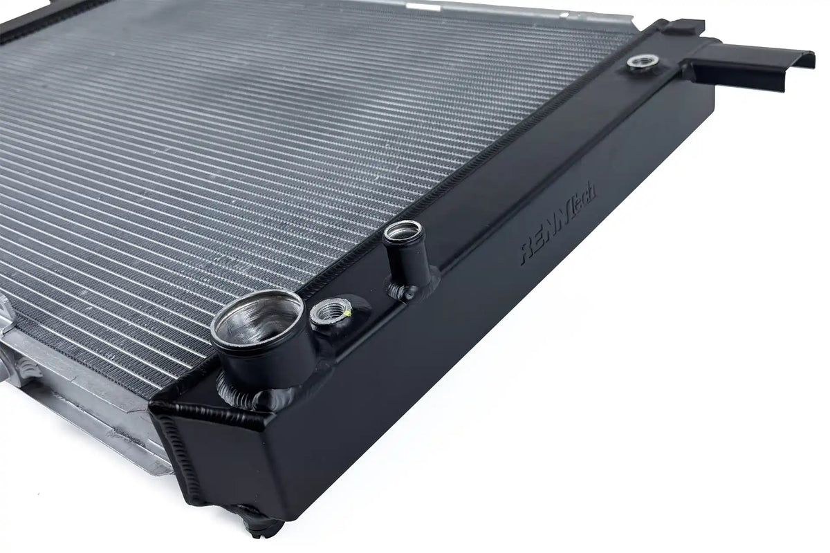 RENNTech logo embossed on the end tank of the CSF 7240 radiator beside the transmission oil cooler ports