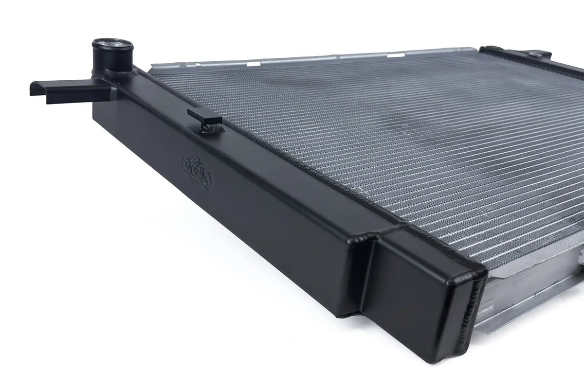 CSF logo embossed on the satin black end tank of the 7240 Mercedes-Benz radiator