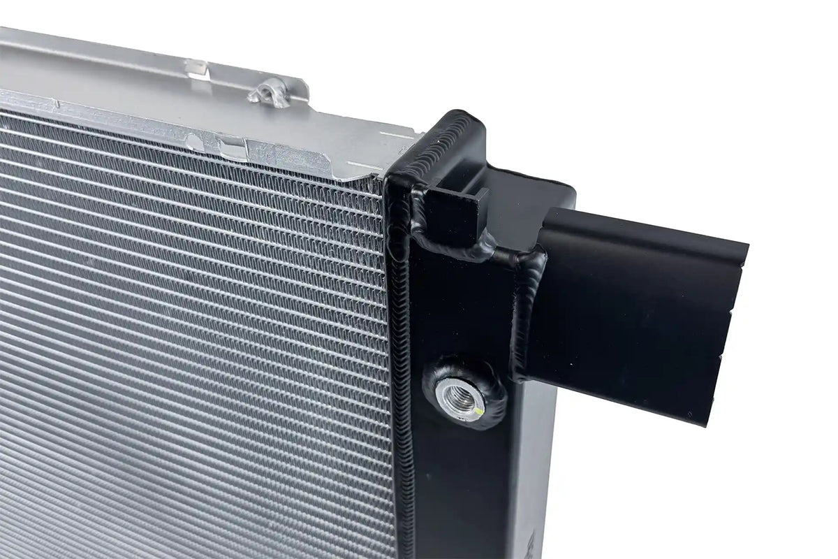 TIG-welded core-to-tank seam and CNC-machined mounting bracket on the CSF 7240 radiator