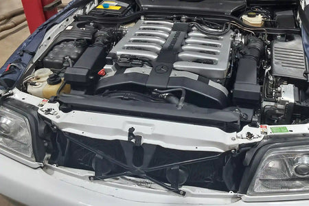 Mercedes-Benz R129 V12 engine bay with the CSF 7240 radiator installed