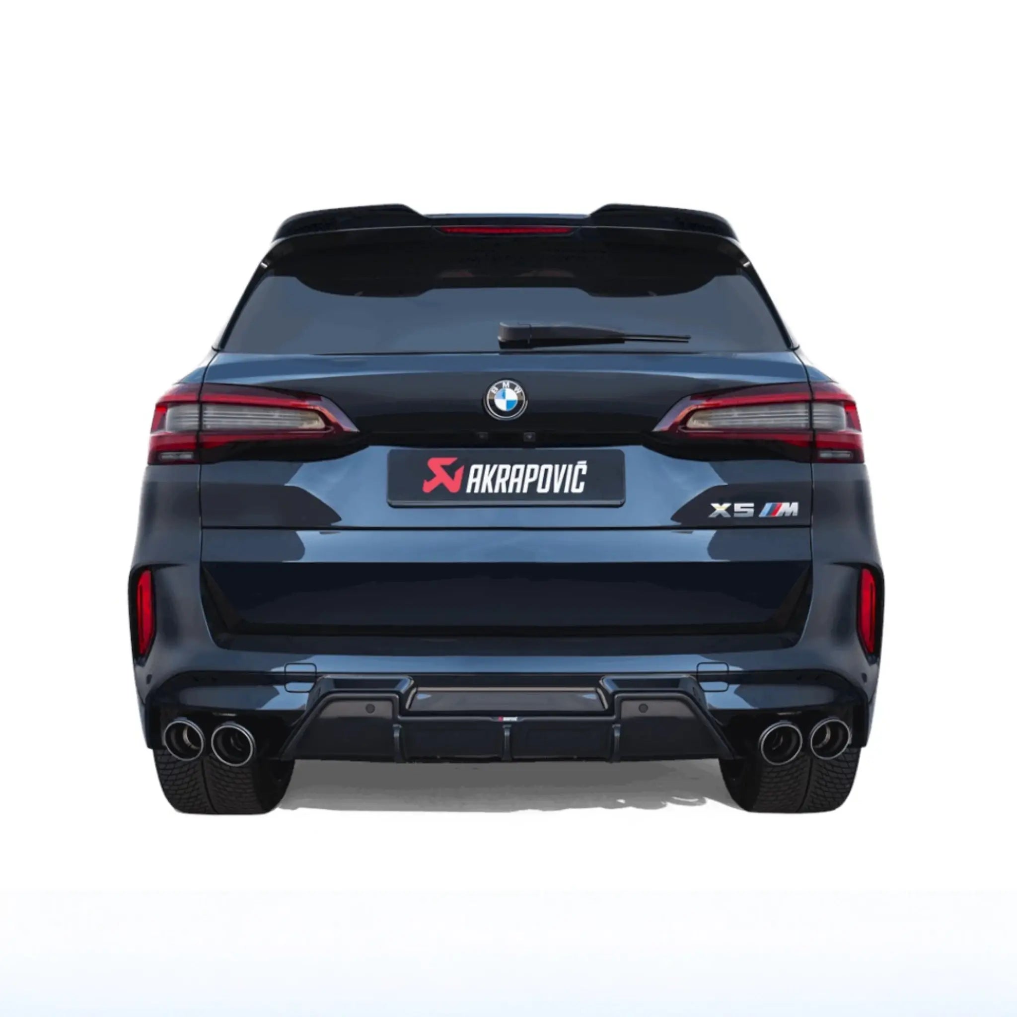 Straight-on rear view of BMW X5 M with the Akrapovič Slip-On Line (Titanium) exhaust system installed, showcasing its sleek fit and performance-focused design.