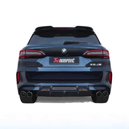 Straight-on rear view of BMW X5 M with the Akrapovič Slip-On Line (Titanium) exhaust system installed, showcasing its sleek fit and performance-focused design.
