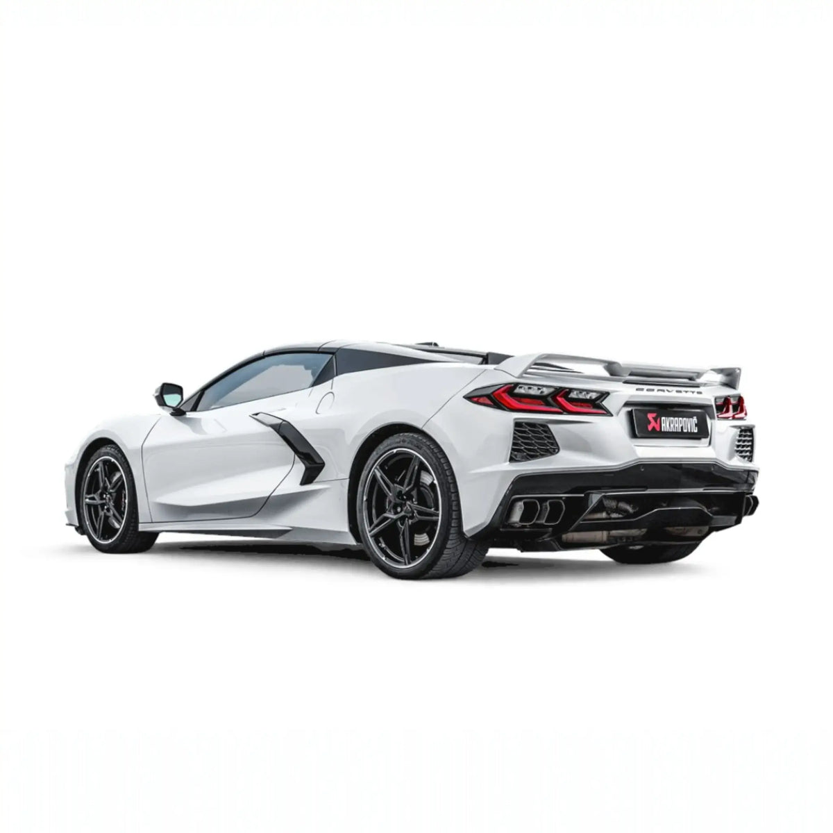  Chevrolet Corvette Stingray (C8) with Akrapovic Slip-On Line (Titanium) performance exhaust installed, showcasing precise fitment and high-grade titanium tailpipes.