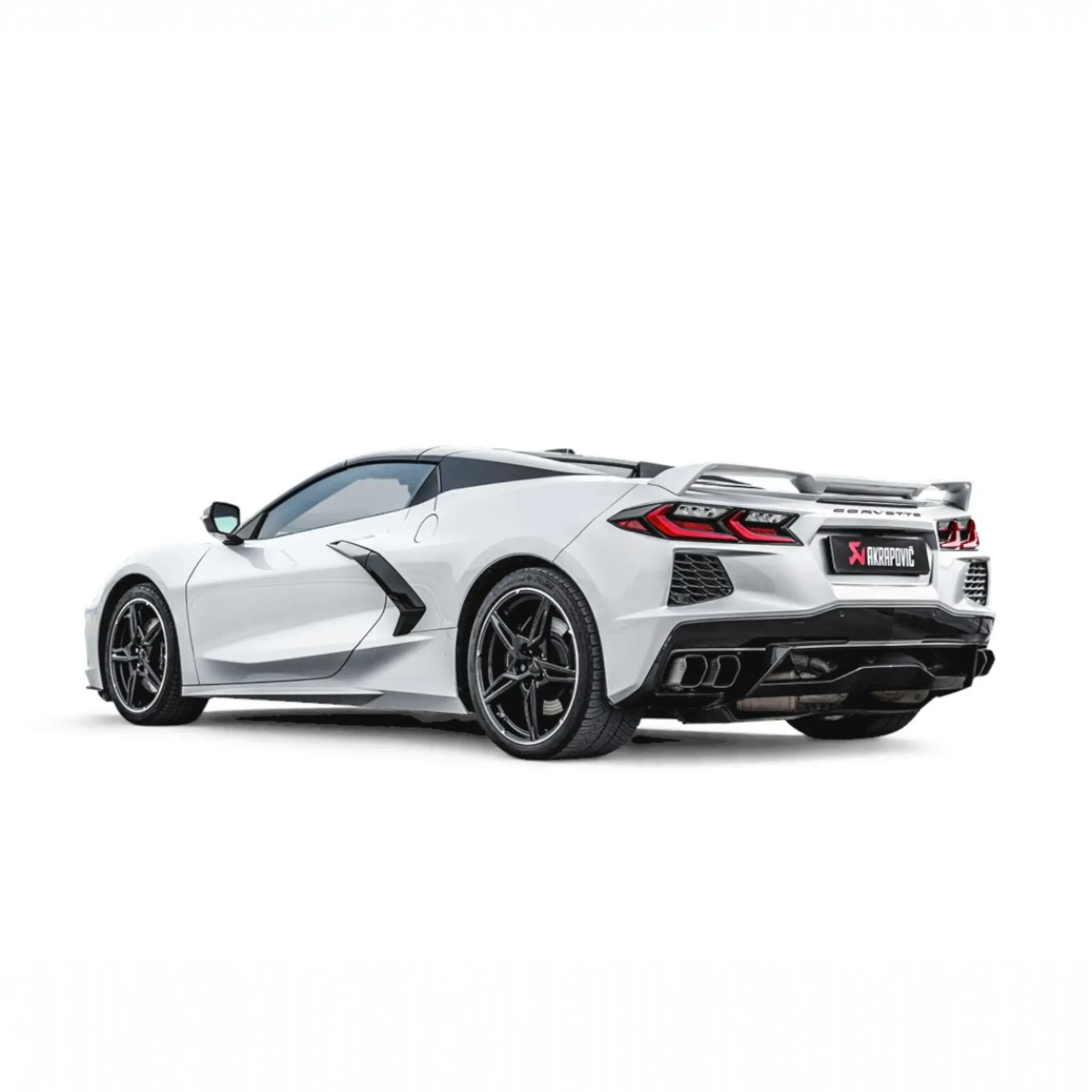  Chevrolet Corvette Stingray (C8) with Akrapovic Slip-On Line (Titanium) performance exhaust installed, showcasing precise fitment and high-grade titanium tailpipes.