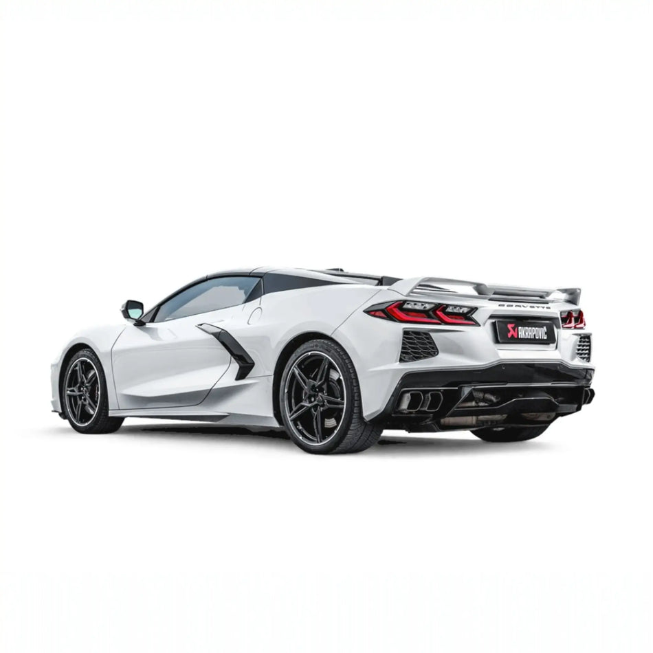  Chevrolet Corvette Stingray (C8) with Akrapovic Slip-On Line (Titanium) performance exhaust installed, showcasing precise fitment and high-grade titanium tailpipes.
