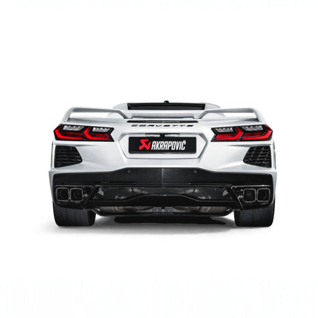 Rear view of Chevrolet Corvette Stingray (C8) featuring the Akrapovic Slip-On Line (Titanium) performance exhaust, highlighting the square titanium tailpipes and seamless integration.