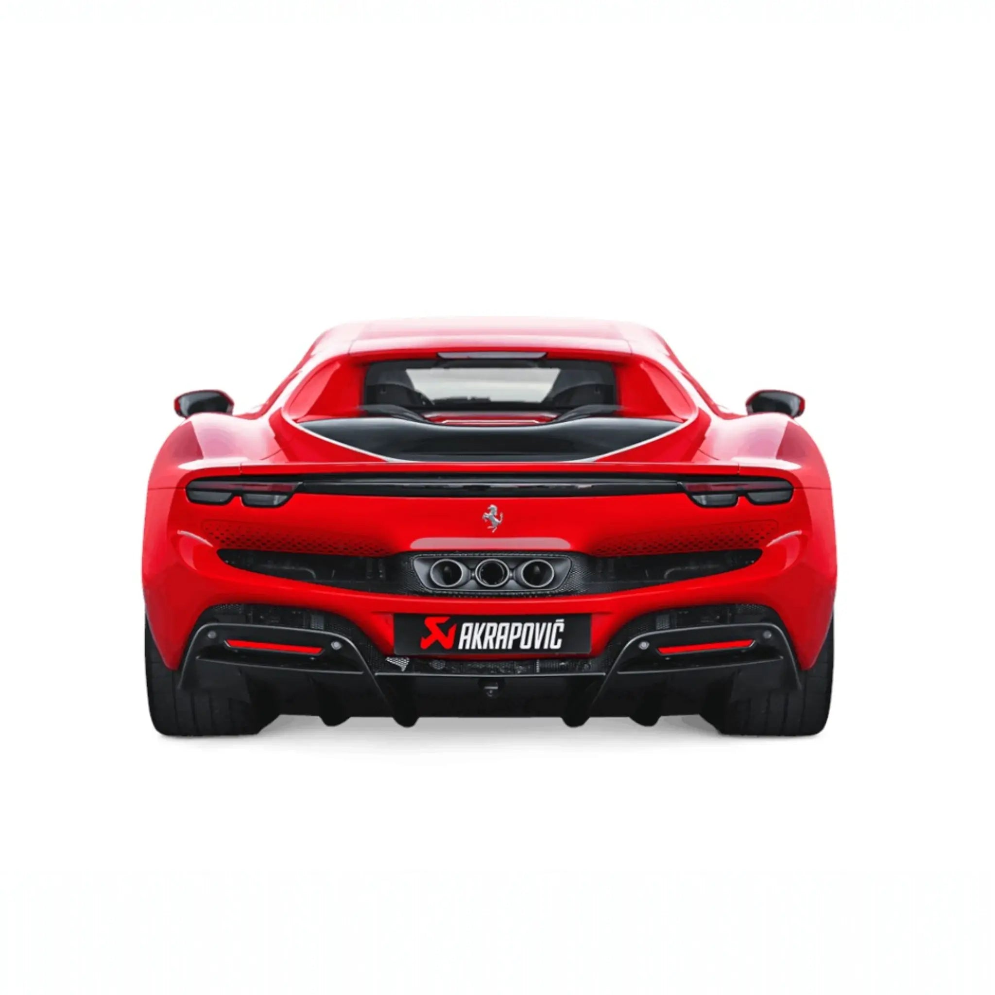 Straight-on rear shot of Ferrari 296 GTB showcasing the Akrapovič Slip-On Race Line (Titanium) performance exhaust and its triple tailpipes, designed for optimal performance and visual appeal.