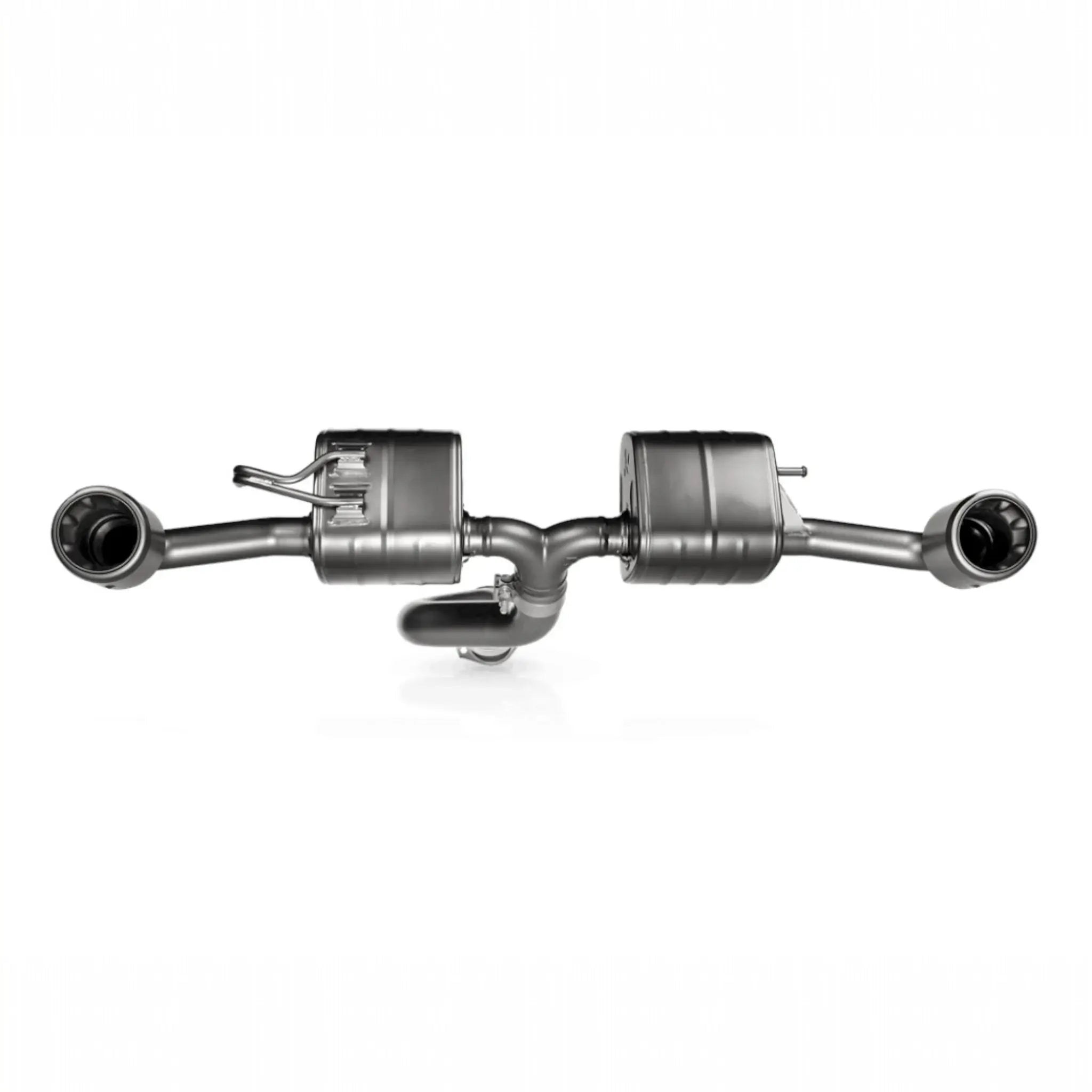 Front-on product shot of the Akrapovič Slip-On Race Line (Titanium) exhaust system for the Toyota GR Yaris (Gen 2), designed for maximum performance and aesthetic appeal.