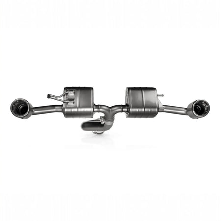 Front-on product shot of the Akrapovič Slip-On Race Line (Titanium) exhaust system for the Toyota GR Yaris (Gen 2), designed for maximum performance and aesthetic appeal.