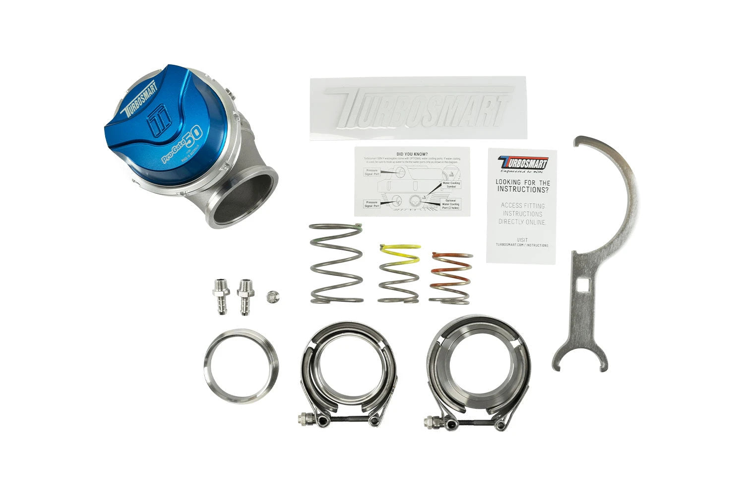 Turbosmart GenV ProGate50 50mm External Wastegate - Blue kit contents