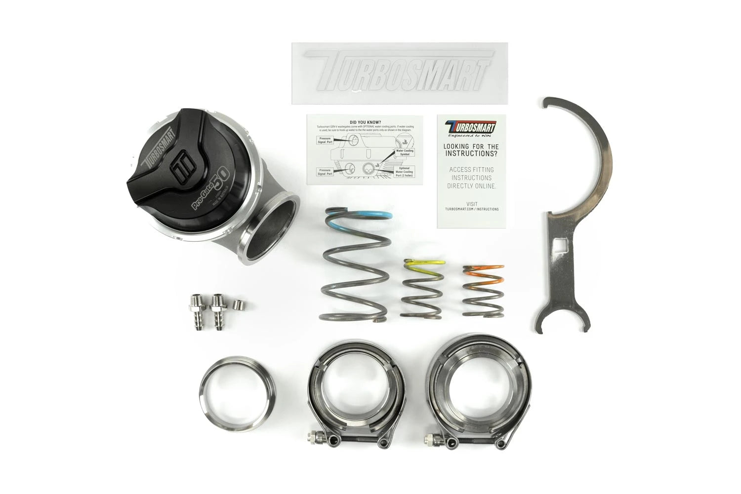 Turbosmart GenV ProGate50 50mm External Wastegate - Black kit contents