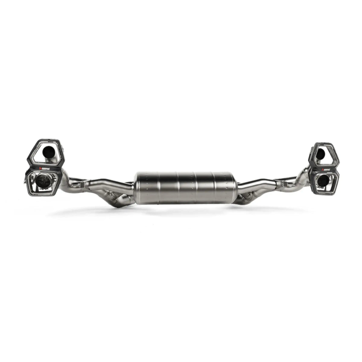 Akrapovič product shot showcasing the high-grade titanium Slip-On Line (Titanium) exhaust system, emphasizing its lightweight construction and engineering excellence.