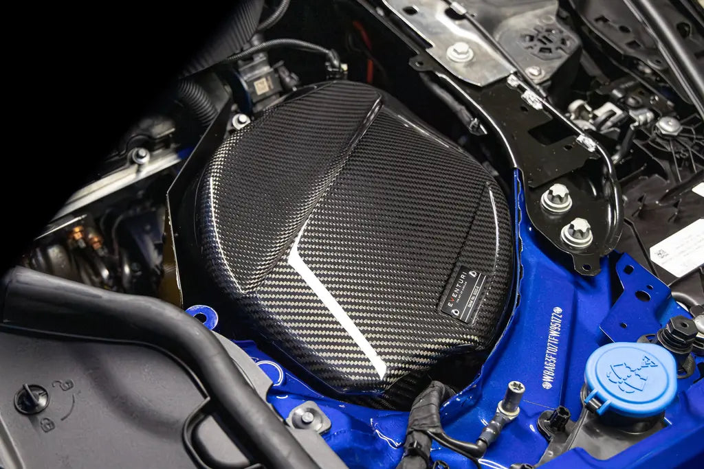 Close-up of the installed Eventuri carbon airbox lid