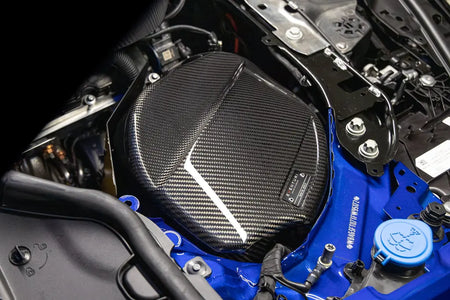 Close-up of the installed Eventuri carbon airbox lid