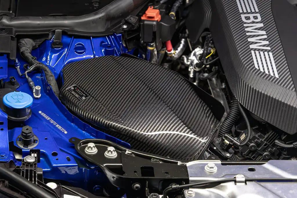 Eventuri prepreg carbon airbox fitted in the engine bay, viewed from above