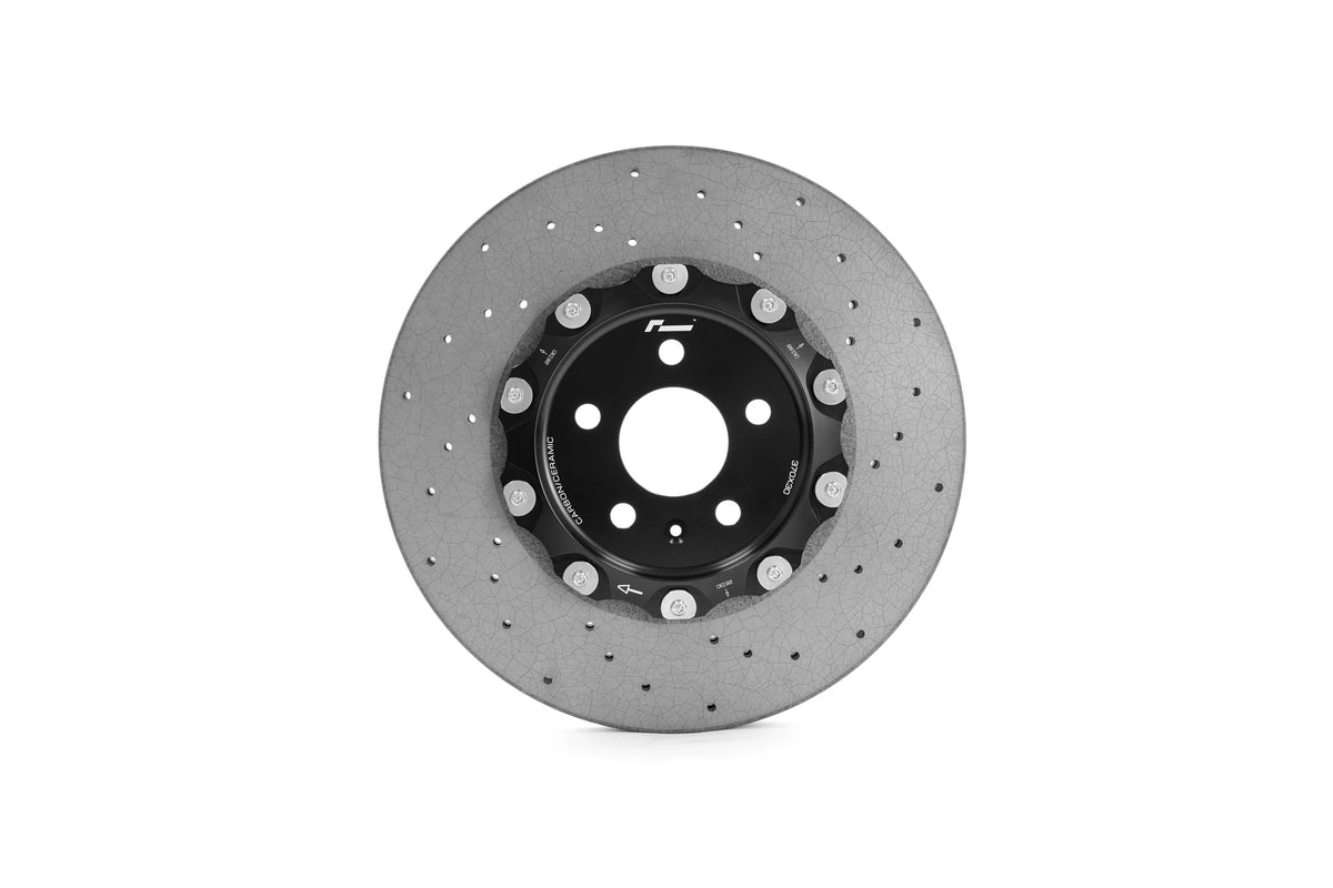 RacingLine drilled carbon ceramic brake disc with black aluminium bell