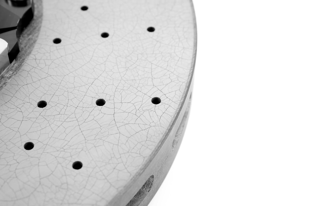 Close-up of the drilled carbon ceramic braking surface